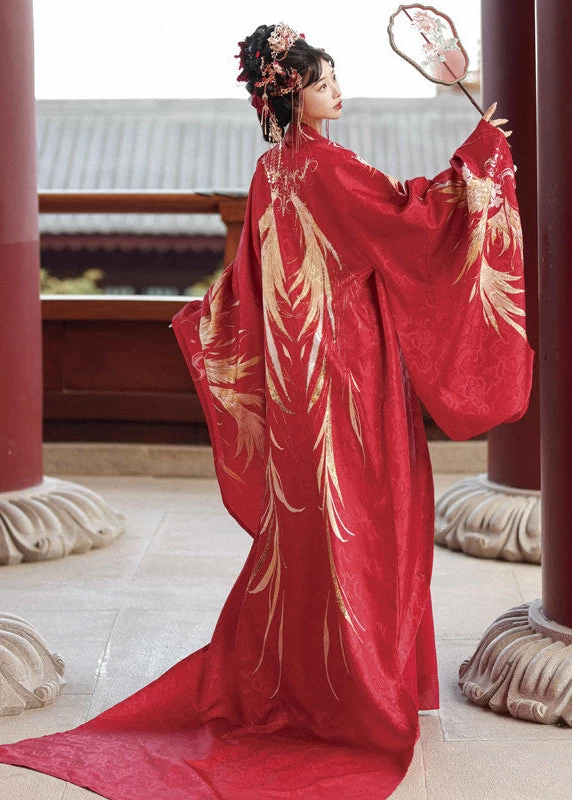 Women 3-Piece Wedding Hanfu Crane Feather Embroidered Red Plus Size| HANFUBAO