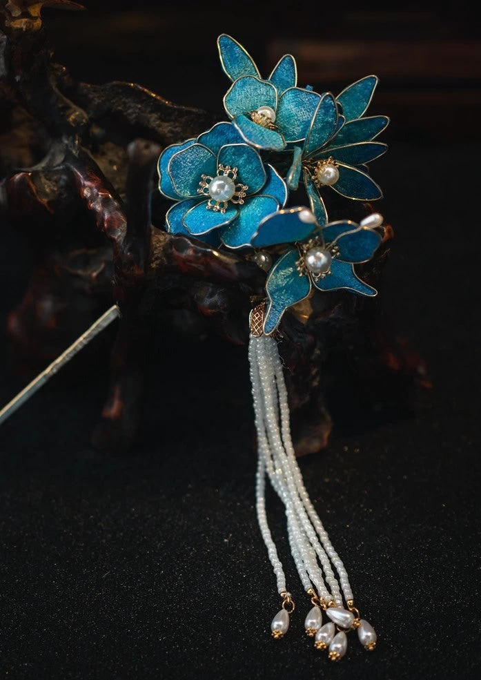 Women Blue Butterfly Fabric Hairpin Set with Faux Pearl for Hanfu Styling | HANFUBAO