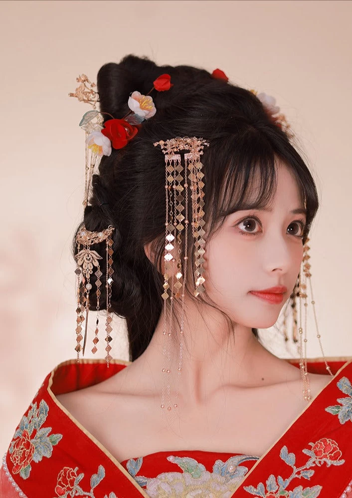 Camellia 6pcs Floral Hanfu Hairpins for Daily Styling, Yarn & Metal 10cm| HANFUBAO