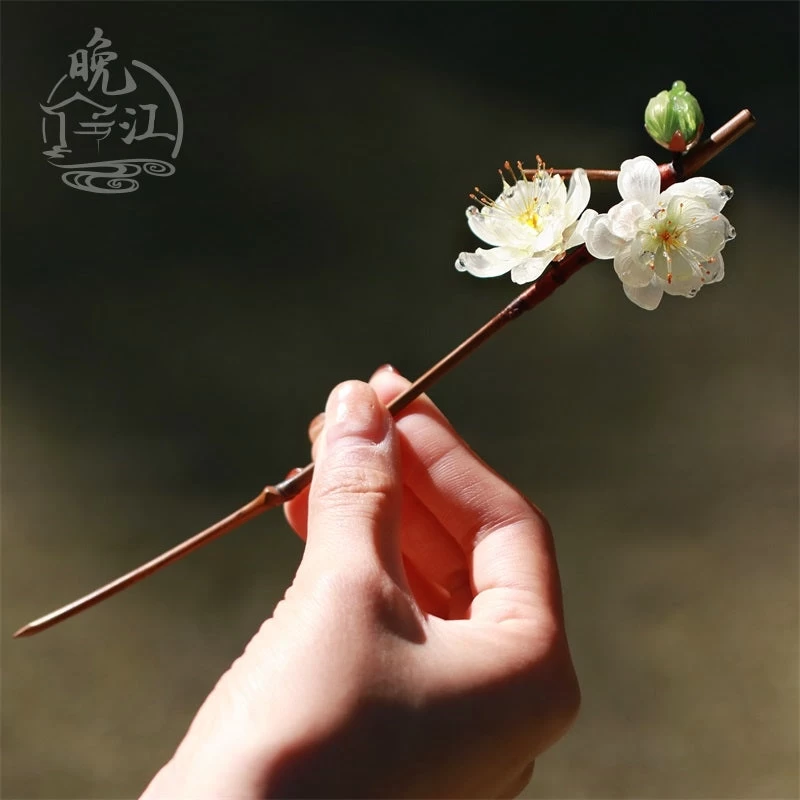 Women Shrinky Dinks Bamboo Hairpin White Plum Flowers | HANFUBAO