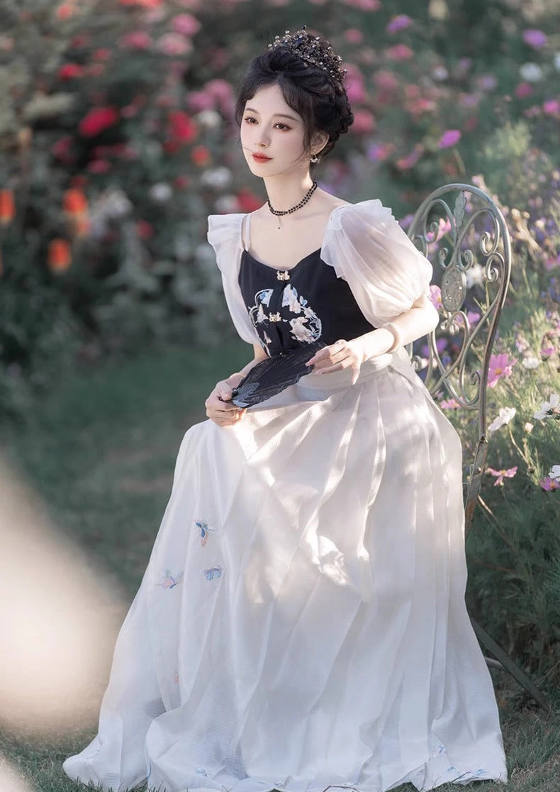 Women's Daily Hanfu Chiffon Puff Sleeve Top+Skirt Floral Rabbit Embroidery| HANFUBAO