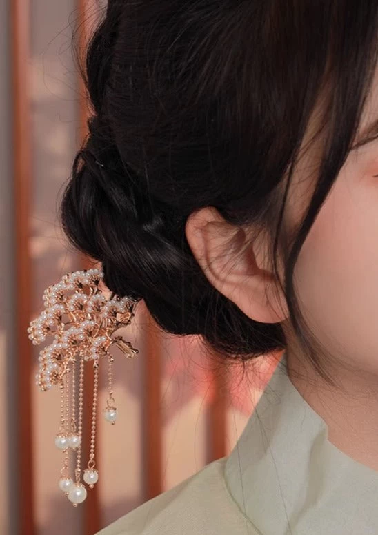 Women Faux Pearl Metal Hairpin Gold Pine Pattern | HANFUBAO