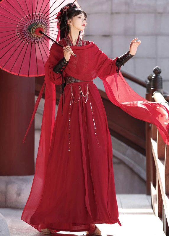 Unisex 5-Piece Modern Daily Hanfu Set Red Dust | HANFUBAO Polyester