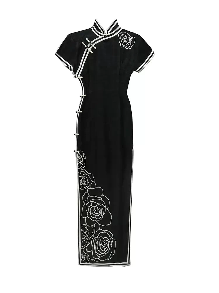 HANFUBAO | Women Acetate Jacquard Qipao Dress Evening Party White Rose Print S-4XL