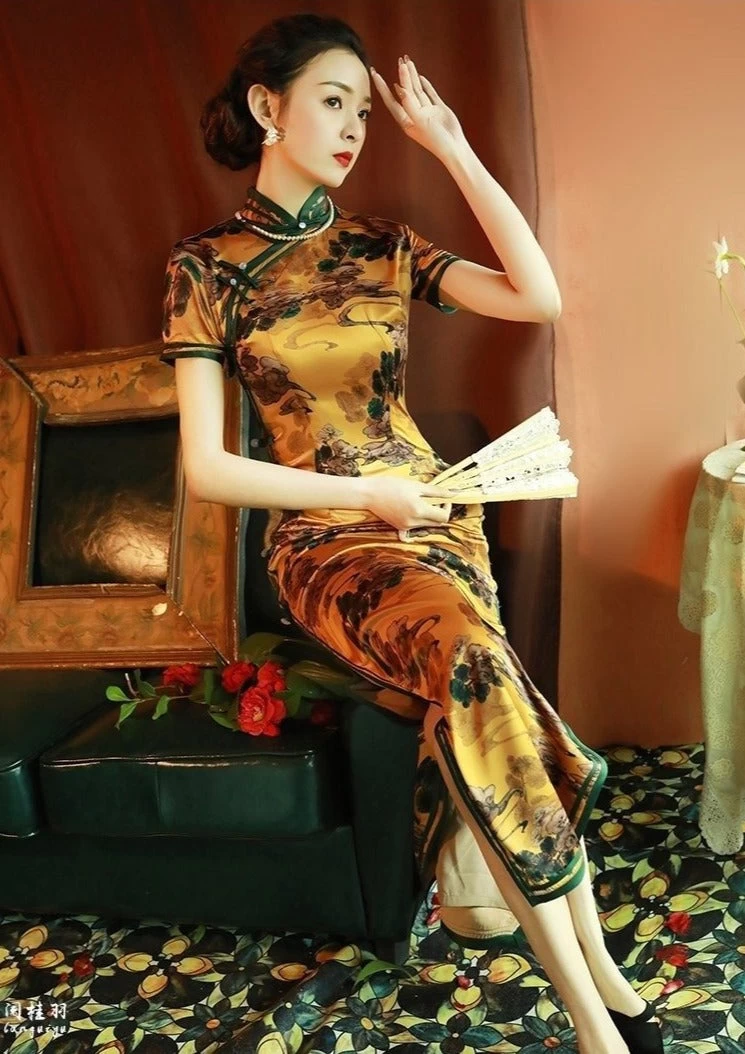 Women Cloud Satin Qipao Cheongsam Gold Cloud Print Daily Wear| HANFUBAO