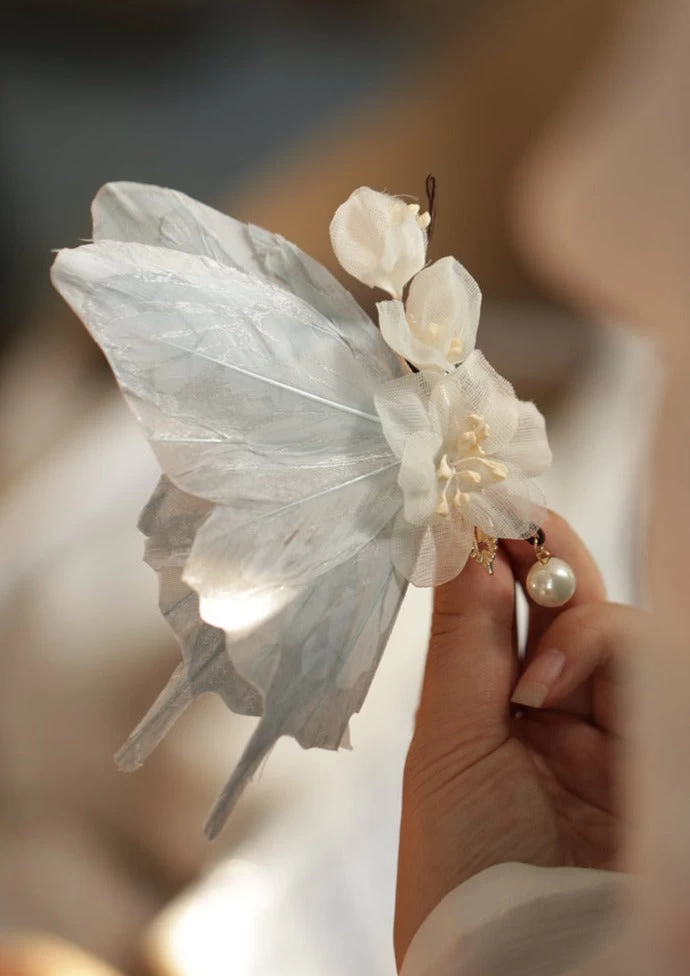 Women Feather Butterfly Hair Clip Faux Pearls Party Hanfu Accessory | HANFUBAO