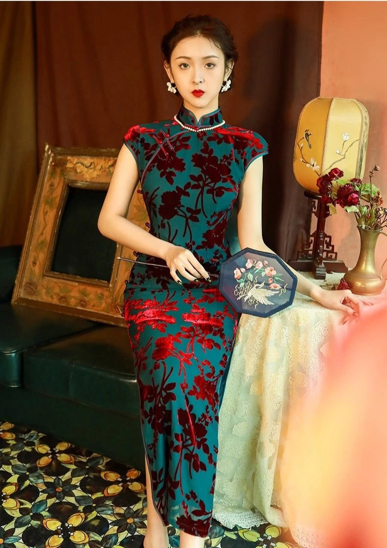 Women Vintage Navy Velvet Qipao Cheongsam High Slit Evening| HANFUBAO