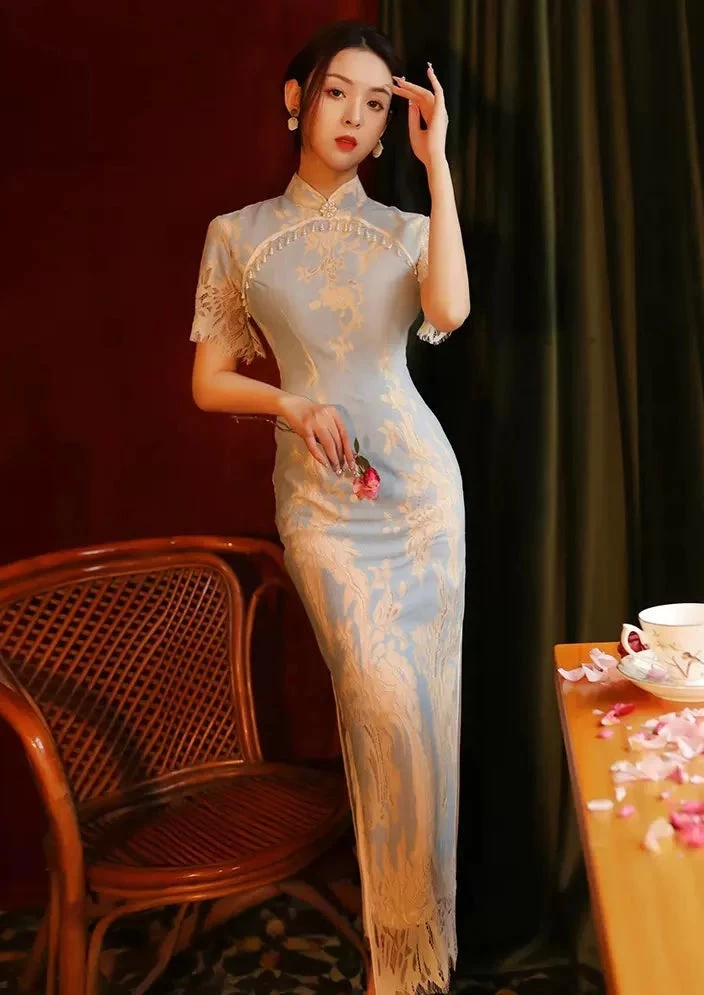 Women Lace Qipao Dress High Slit Zipper Back| HANFUBAO