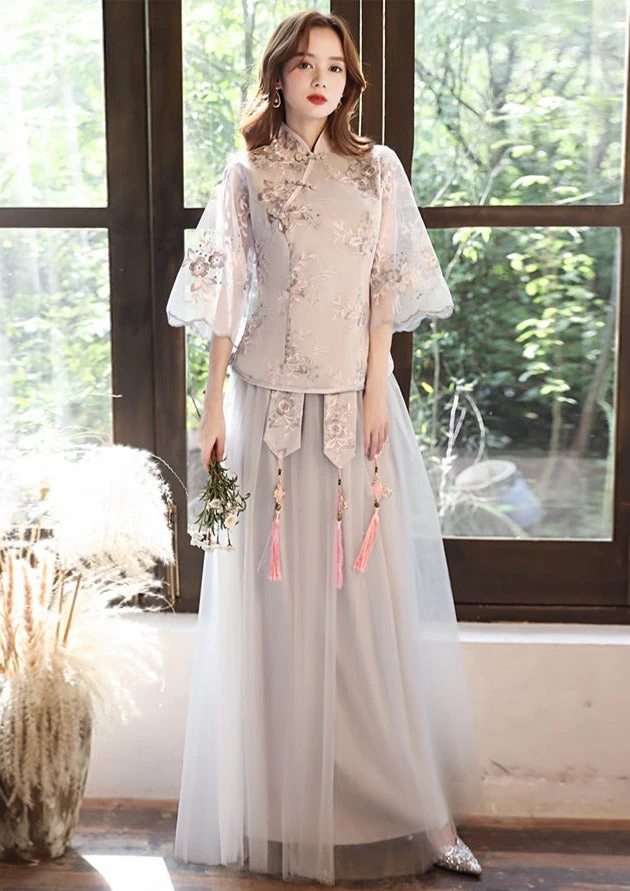 Women Chinese Style Hanfu Bridesmaid Dress Set Gray Plus Size | HANFUBAO