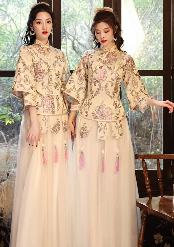 Women's Gold Chinese Style Hanfu Bridesmaid Dress Set Plus Size | HANFUBAO