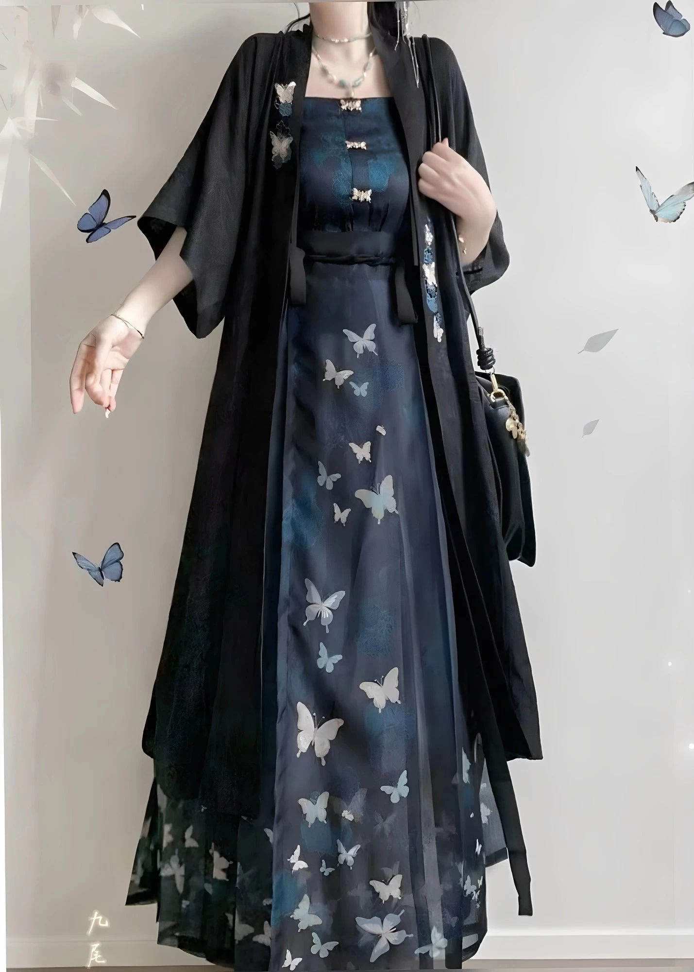 Women Plus Size Chiffon 3-Piece Daily Hanfu Set Butterfly Print | HANFUBAO