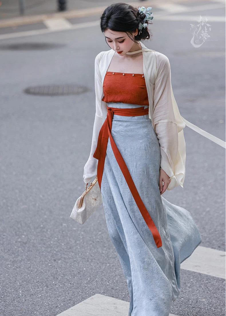 Women 3-Piece Daily Hanfu Set Mist Wait Tencel Skirt Top Cover-Up | HANFUBAO