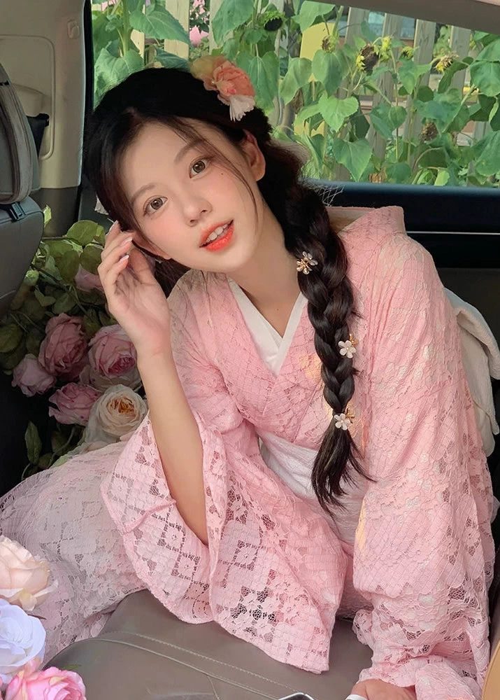 Women's Modern Hanfu 3-Piece Lace Kimono Set Sakura Pink Polyester| HANFUBAO