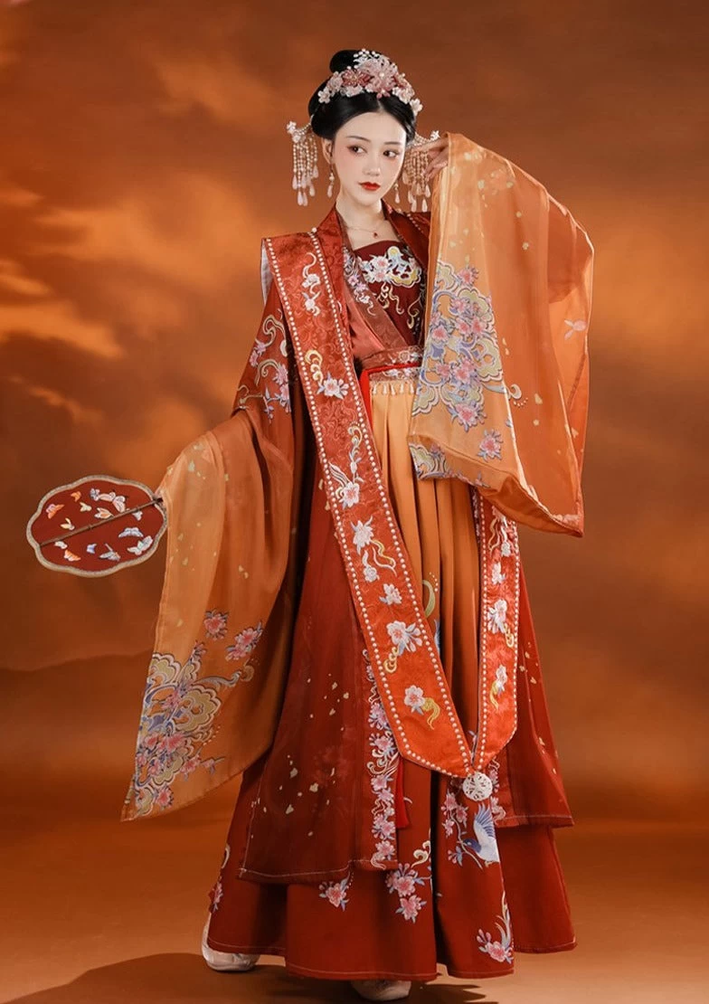 Women Modern Daily Hanfu Set Blue/Orange Magpie Print Flower Embroidery | HANFUBAO