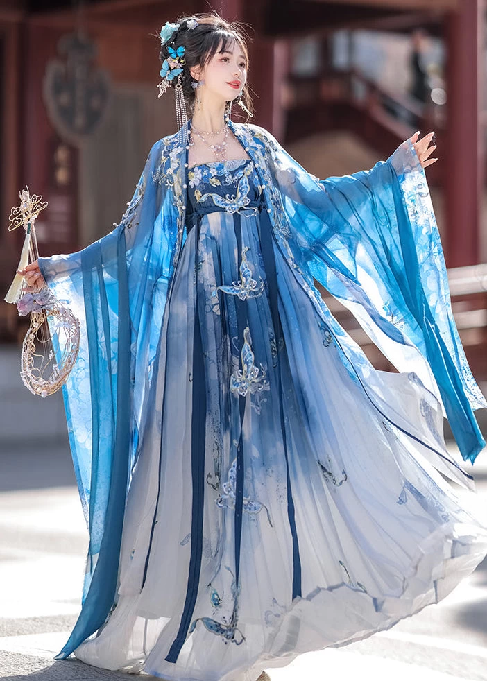 Women’s 4-Piece Daily Hanfu Blue Butterfly Dragon Embroidery Plus Size | HANFUBAO