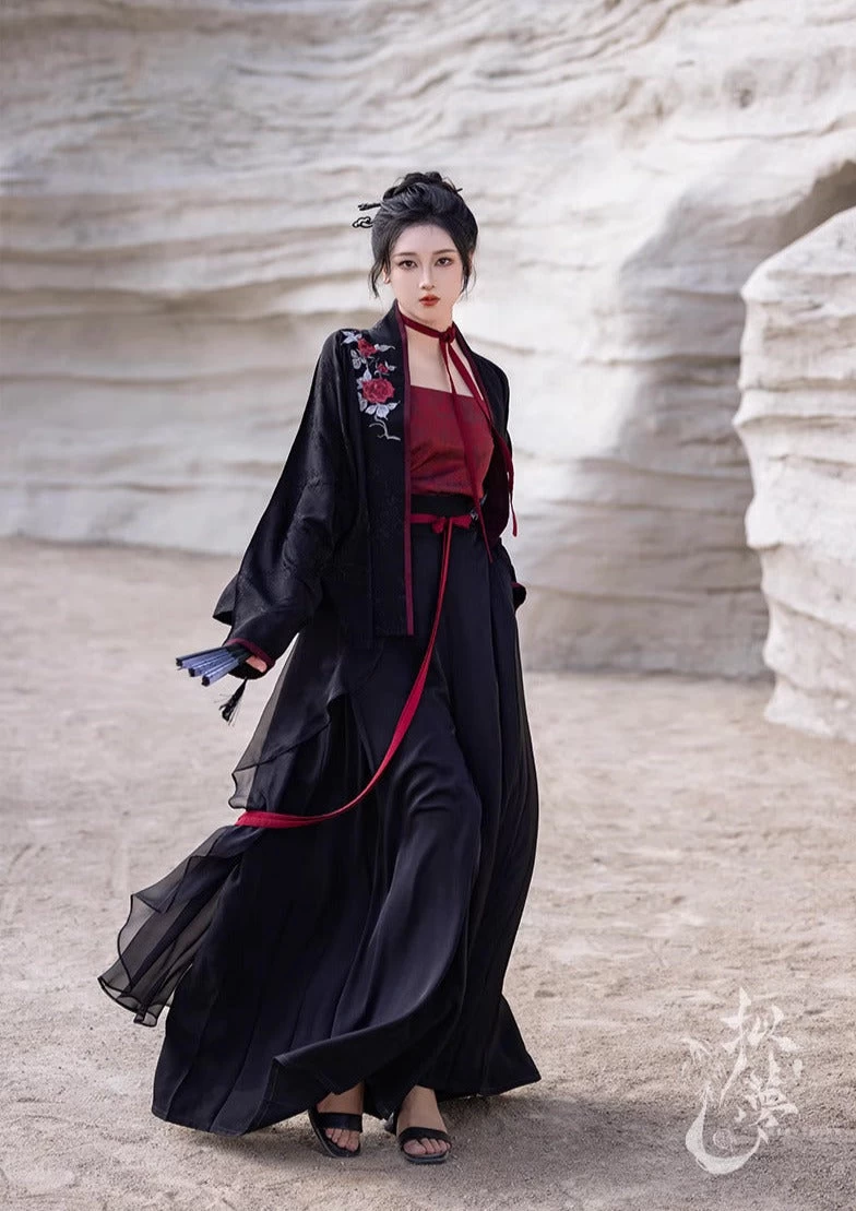 Women's Modern Daily Hanfu Silk-Cotton 4-Piece Pants Set Red | HANFUBAO