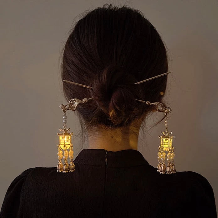 Women Pavilion Lantern Tassel Hairpin Gold Faux Pearl Metal| HANFUBAO
