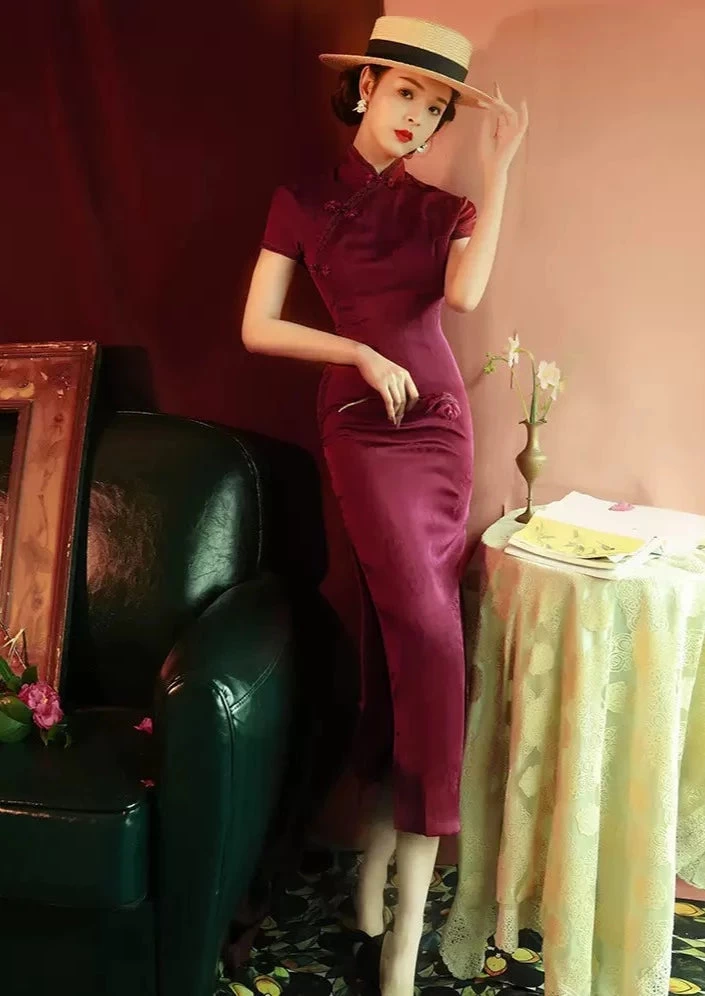 Women Acetate Satin Modern Hanfu Red High-Slit Qipao Dress | HANFUBAO