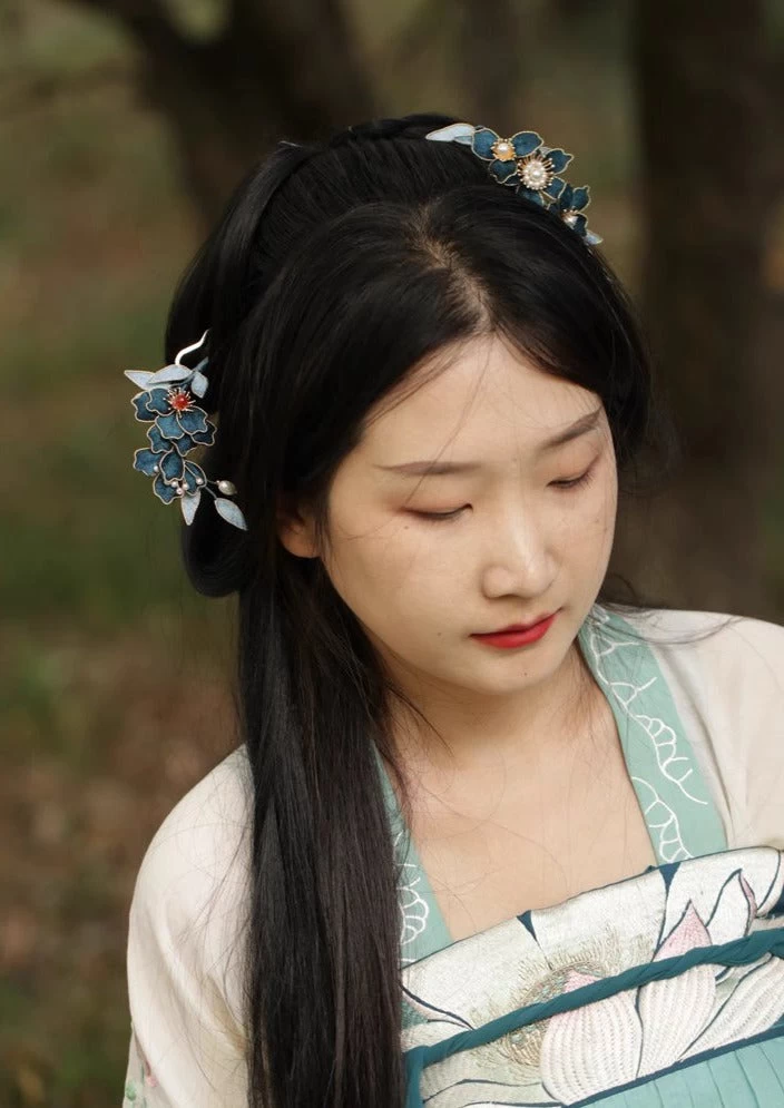 Women Floral Blue Lotus Fabric Hairpin with Faux Pearl 12cm| HANFUBAO