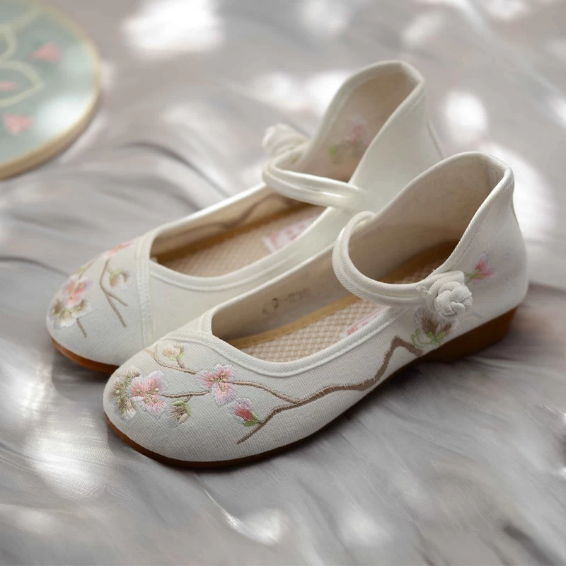 Women Canvas Hanfu Shoes Ivory/Blush Floral Embroidery | HANFUBAO