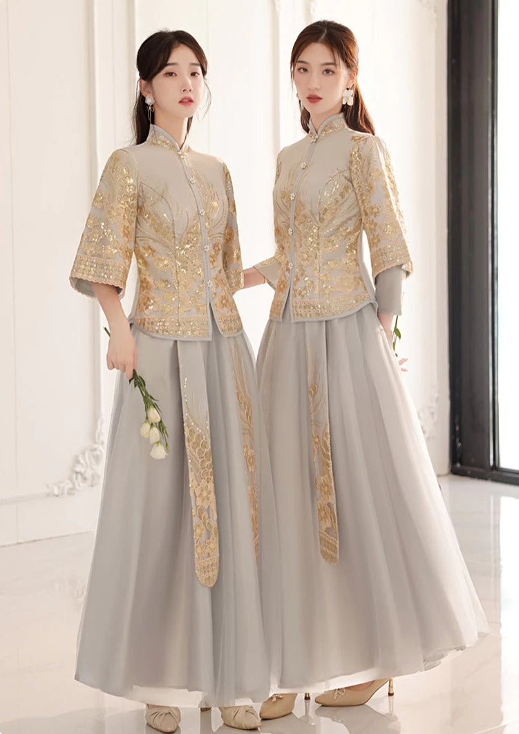 Women Chinese Style Hanfu Dress Set Gray  Bridal Party | HANFUBAO