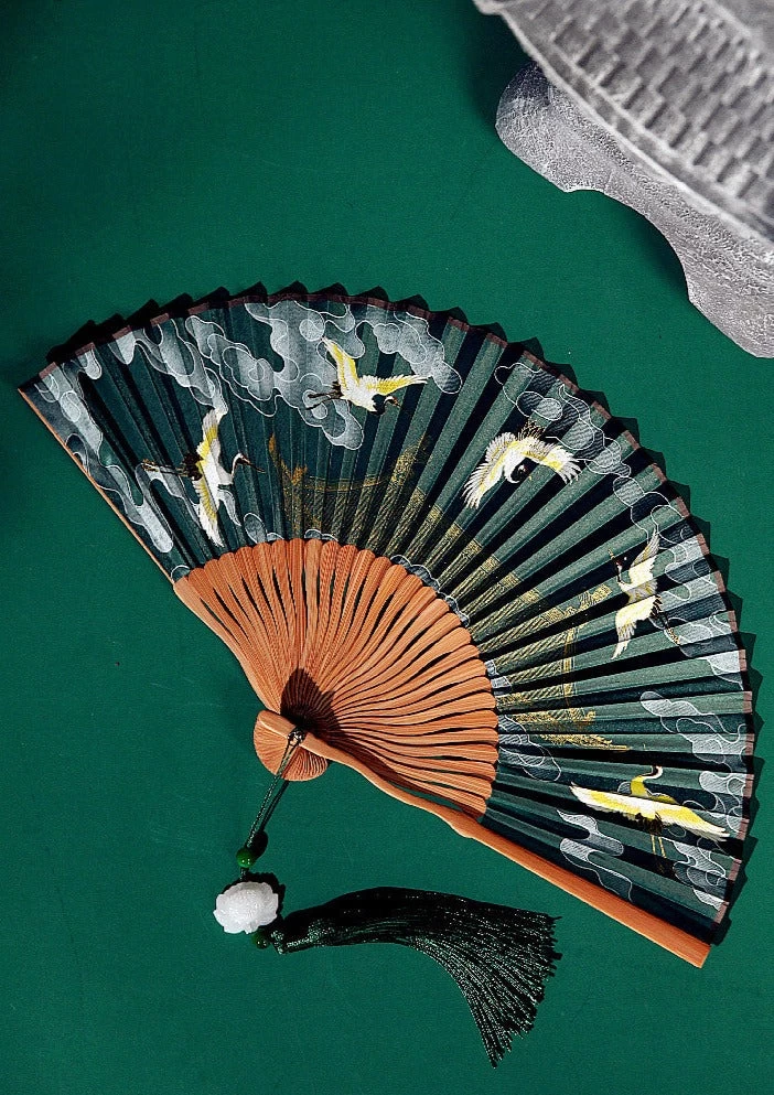Flying Crane Folding Tassels Hand Fan,  Bamboo for Hanfu Cosplay | HANFUBAO