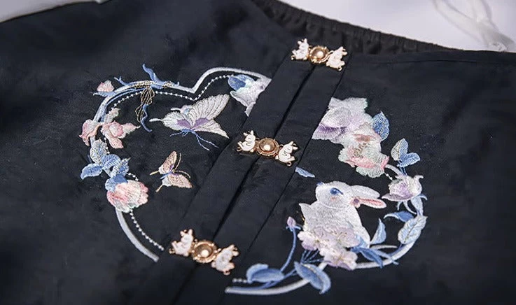 Women's Daily Hanfu Chiffon Puff Sleeve Top+Skirt Floral Rabbit Embroidery| HANFUBAO