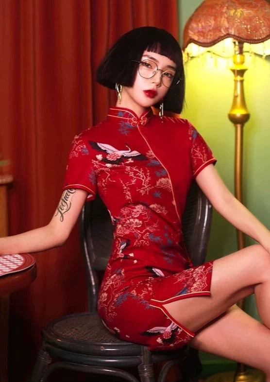 Women's Mini Qipao Dress Crane Print  Plus Size Daily Events| HANFUBAO