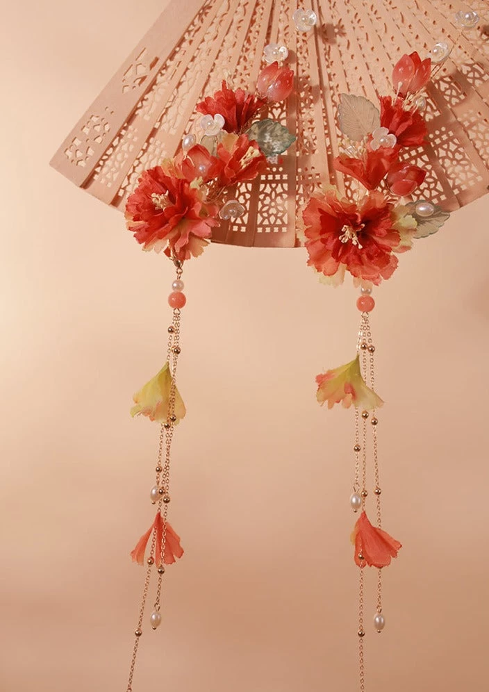 Women 2pcs Floral Hanfu Hair Clips Faux Pearl Yarn Wedding Festival | HANFUBAO