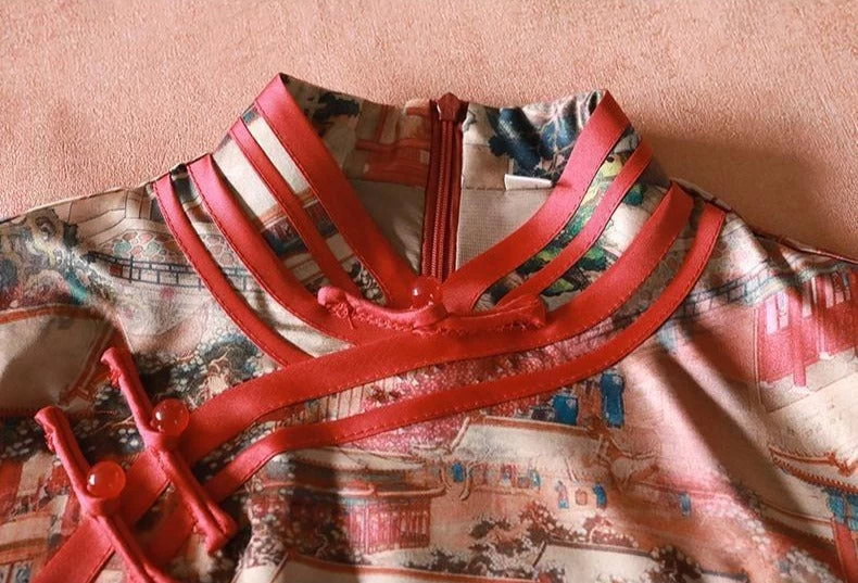 Women Vintage Satin Qipao MeilRed Painting Print | HANFUBAO