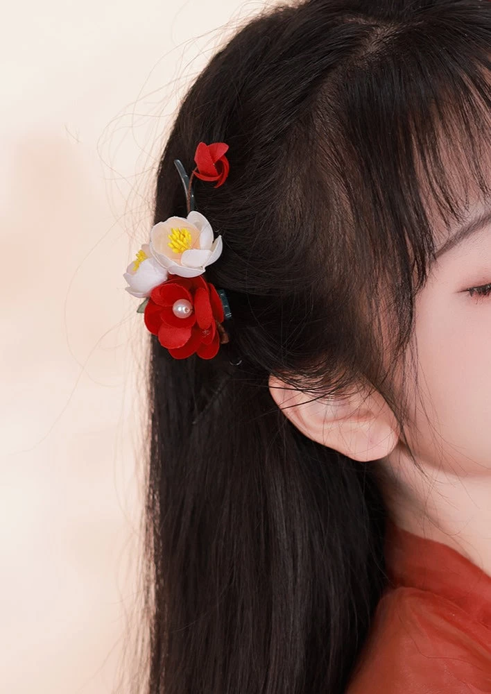 Women Camellia Floral Yarn & Faux Pearl Hair Clips Set for Hanfu Weddings| HANFUBAO