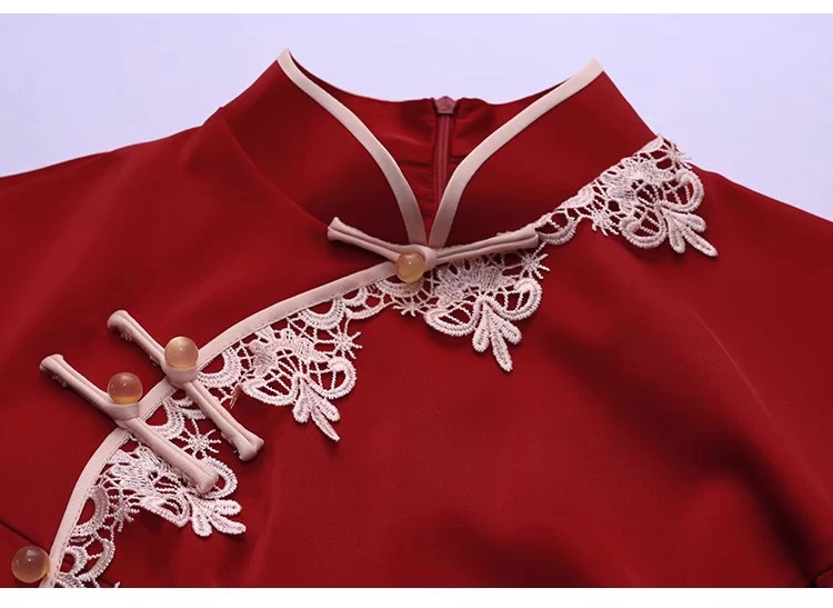 Women Modern Hanfu Satin Qipao Dress Ruby Red | HANFUBAO
