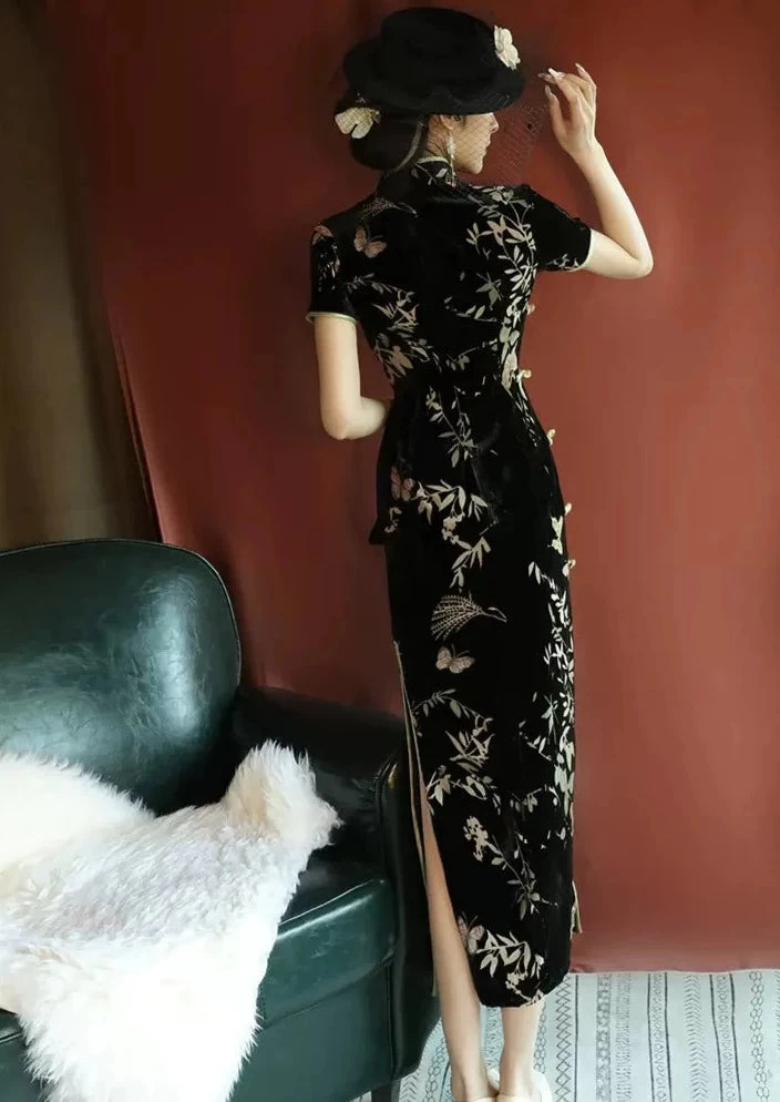 Women's Velvet Qipao Dress Black Bamboo Print, High Slit | HANFUBAO