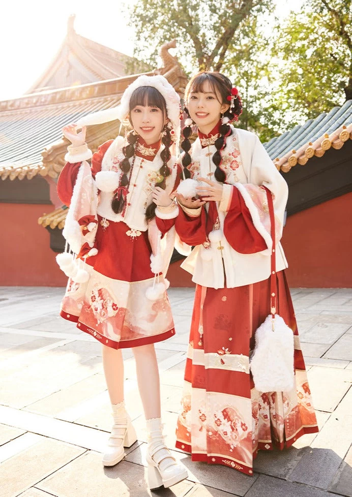Women Winter Hanfu Dress Set Floral Embroidery Polyester| HANFUBAO