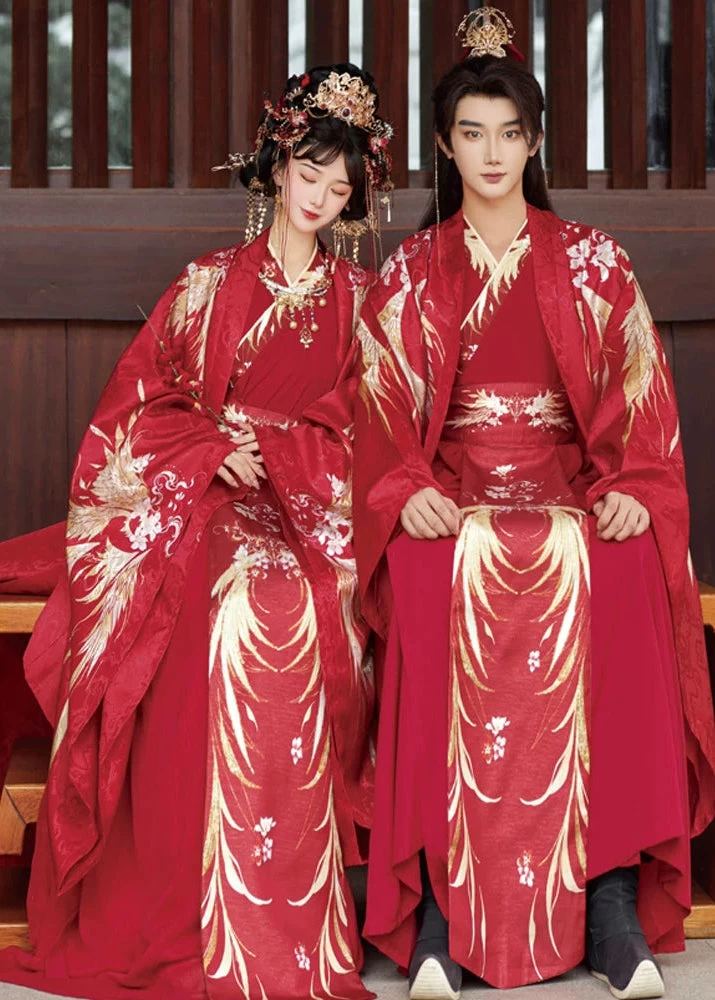 Women 3-Piece Wedding Hanfu Crane Feather Embroidered Red Plus Size| HANFUBAO