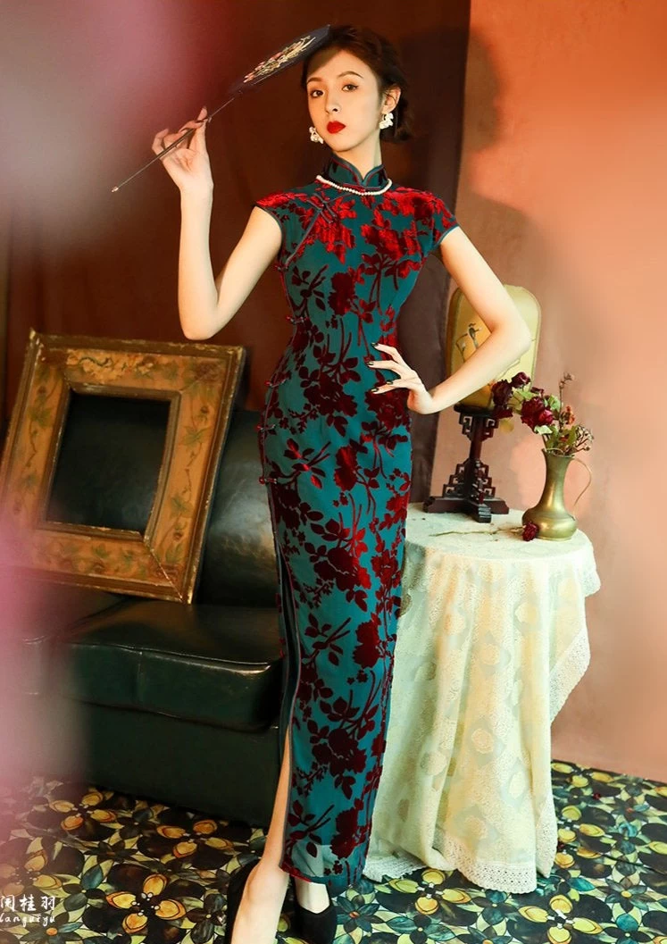 Women Vintage Navy Velvet Qipao Cheongsam High Slit Evening| HANFUBAO