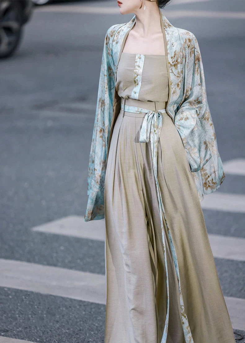 Women’s Daily Hanfu 3-Piece Pants Set Floral Cyan Linen-Rayon Blend | HANFUBAO