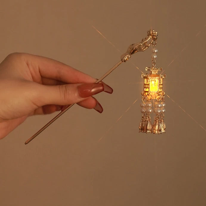 Women Pavilion Lantern Tassel Hairpin Gold Faux Pearl Metal| HANFUBAO