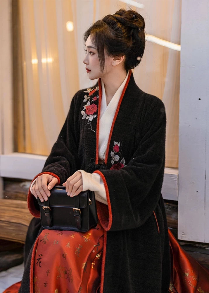 HANFUBAO | Women Chenille Modern Hanfu 3-Piece Ma Mian Set Black Red S-XL