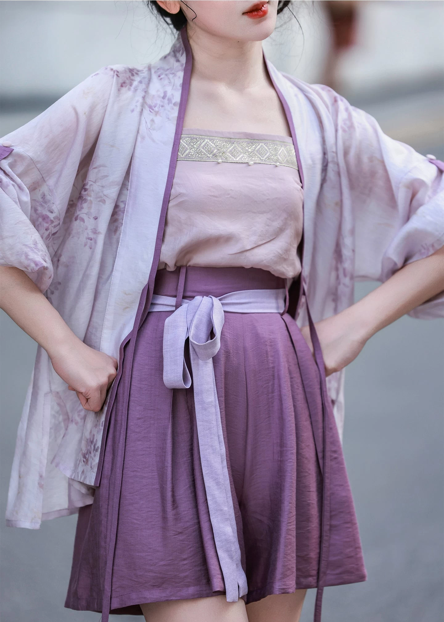 Women Rayon Blend Modern Daily Hanfu 3-Piece Set Purple Wisteria | HANFUBAO