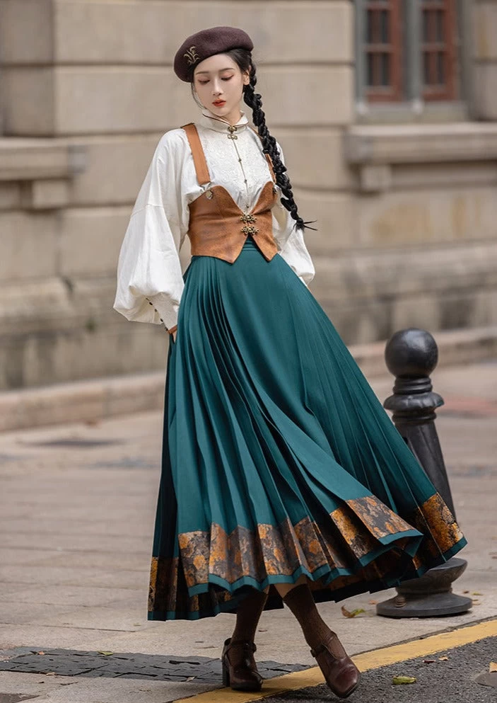 Women Modern 3-Piece Daily Hanfu Set Lyocell-Cotton, Skirt Pockets | HANFUBAO