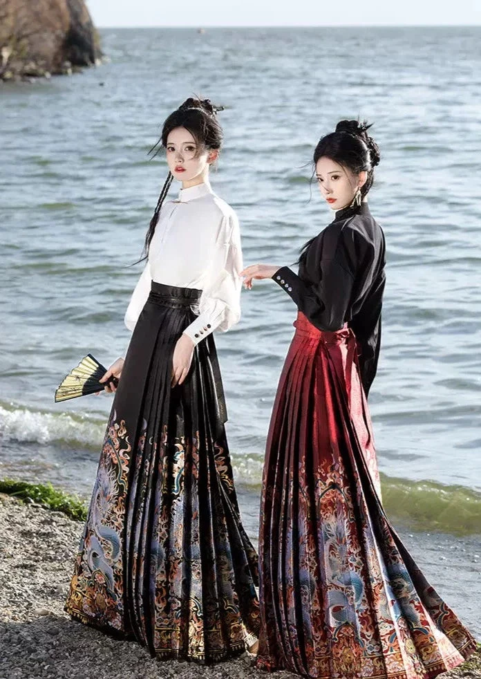 Women Modern Ma Mian Hanfu Skirt Dragon Embroidery Plus Size| HANFUBAO