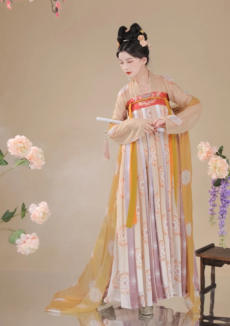 Yushuan | Female Cotton Hanfu Dress Orange Floral