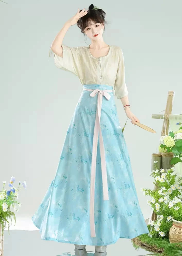 Women’s Floral Daily Hanfu 2-Piece Set Top & Skirt, Artificial Silk Blend | HANFUBAO
