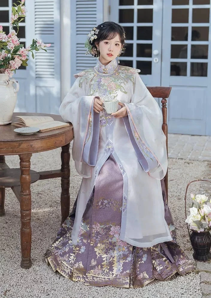 Women  Modern Daily Hanfu Set Purple Flower Embroidery | HANFUBAO