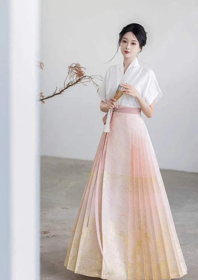 Women’s Modern 2-Piece Ma Mian Skirt Hanfu Set, Polyester-Cotton Blend | HANFUBAO