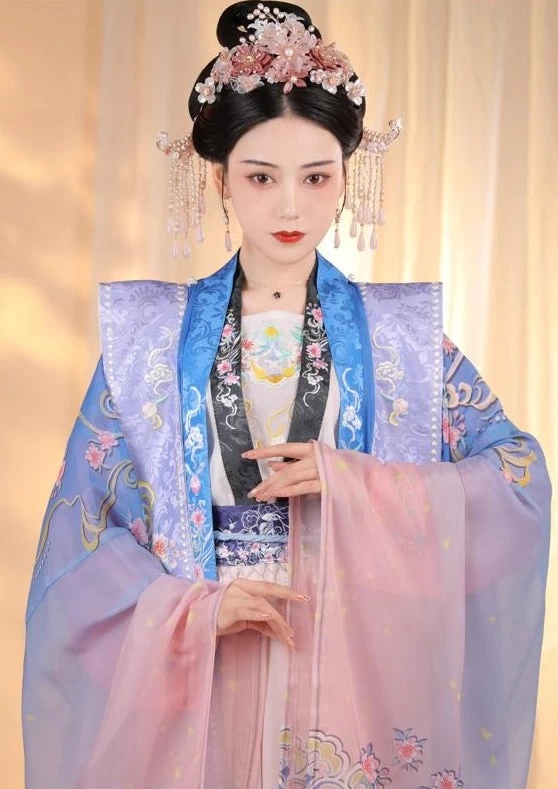Women Modern Hanfu Set Blue Magpie Print & Flower Embroidery Ice Silk | HANFUBAO