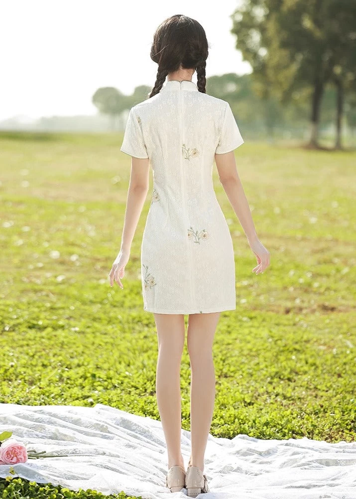 HANFUBAO | Women  Mini Qipao Dress Party Cheongsam White Rose Embroidery S-3XL