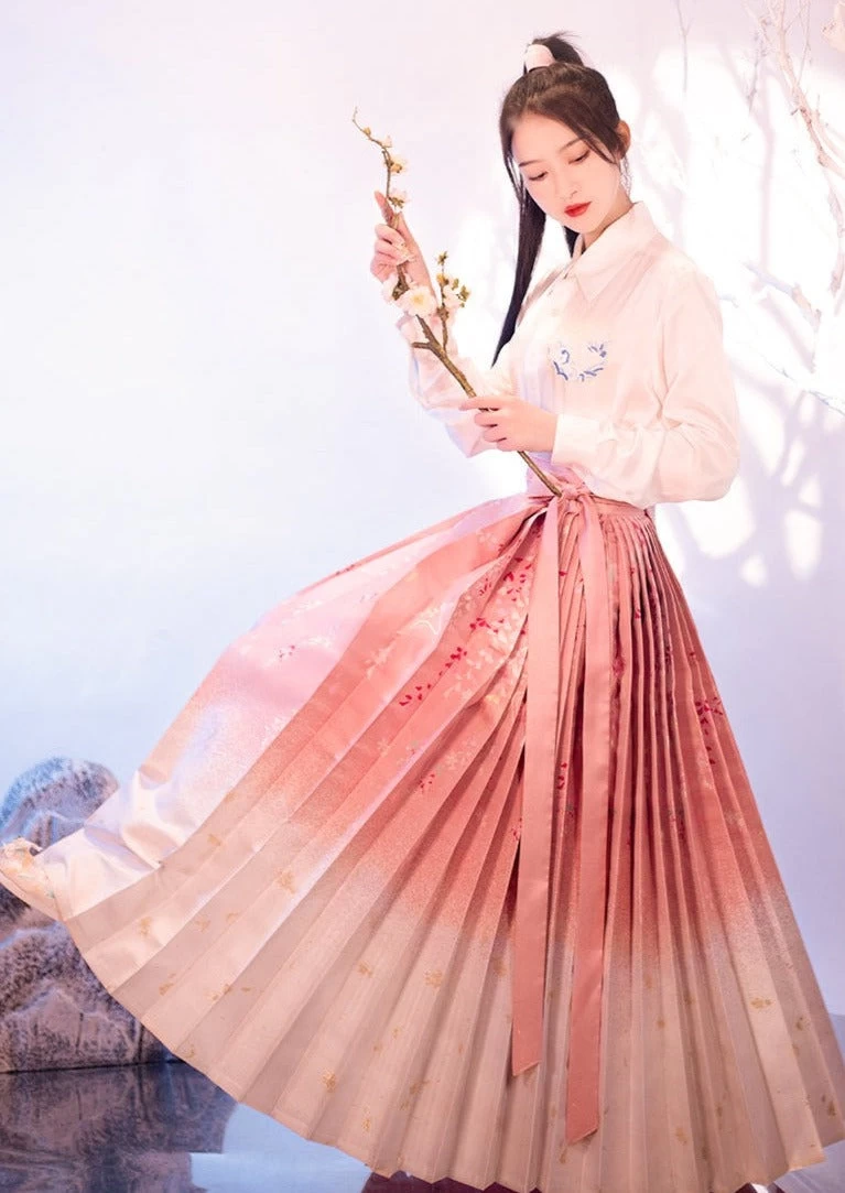 Women's Daily Hanfu Pink Cherry Blossom Pleated Maxi Skirt, Plus Size | HANFUBAO