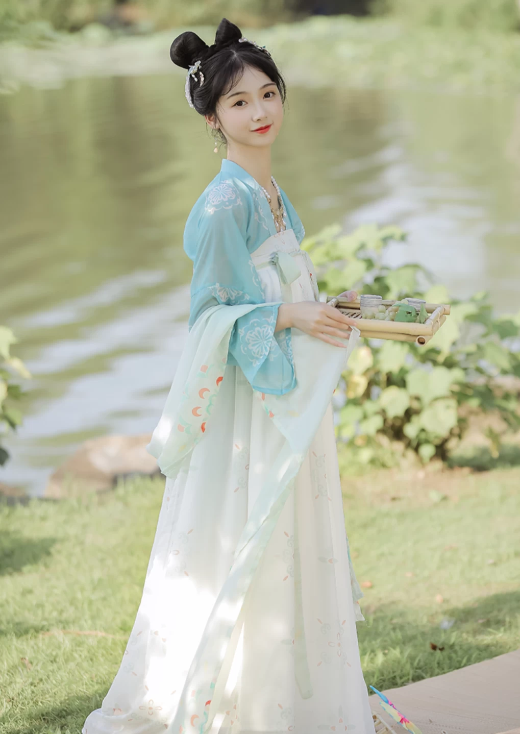 Women's Chiffon Blue White Tang Dynasty Daily Hanfu Set Plus Size | HANFUBAO